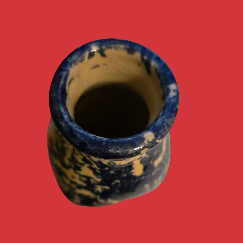Alpine Pottery Roseville Ohio Blue Spongeware Heart Milk Bottle Bud Vase 6 inch - Picture 3 of 8